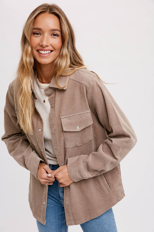 CORDUROY BUTTON DOWN SHACKET WITH POCKETS