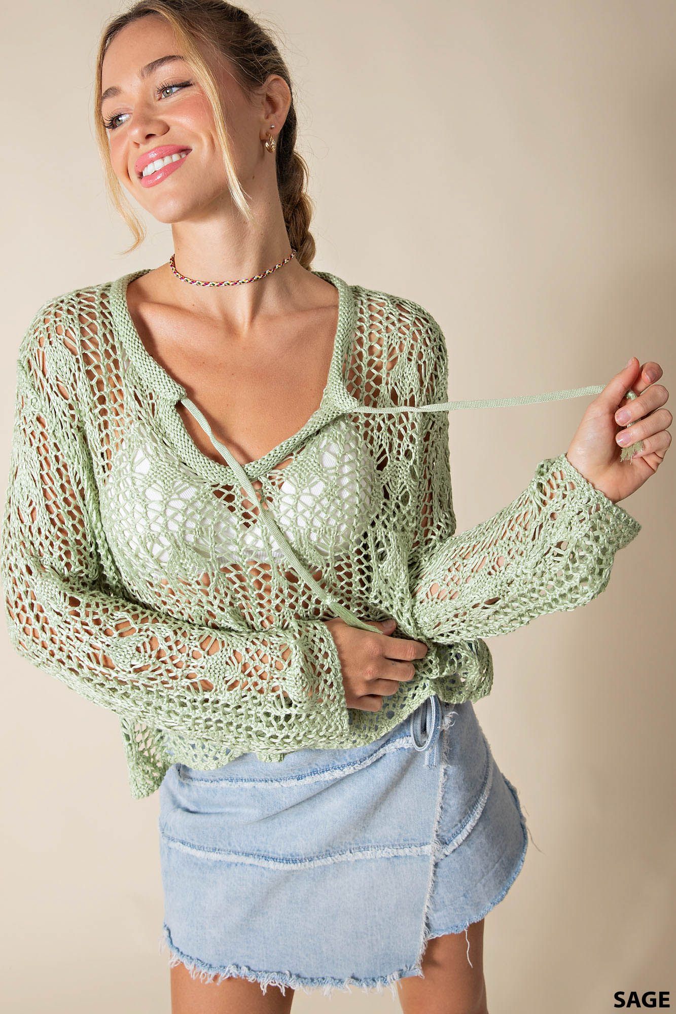 SOFT LOOSE POLY CROCHET THREAD BOHO STYLE SWEATER in SAGE GREEN