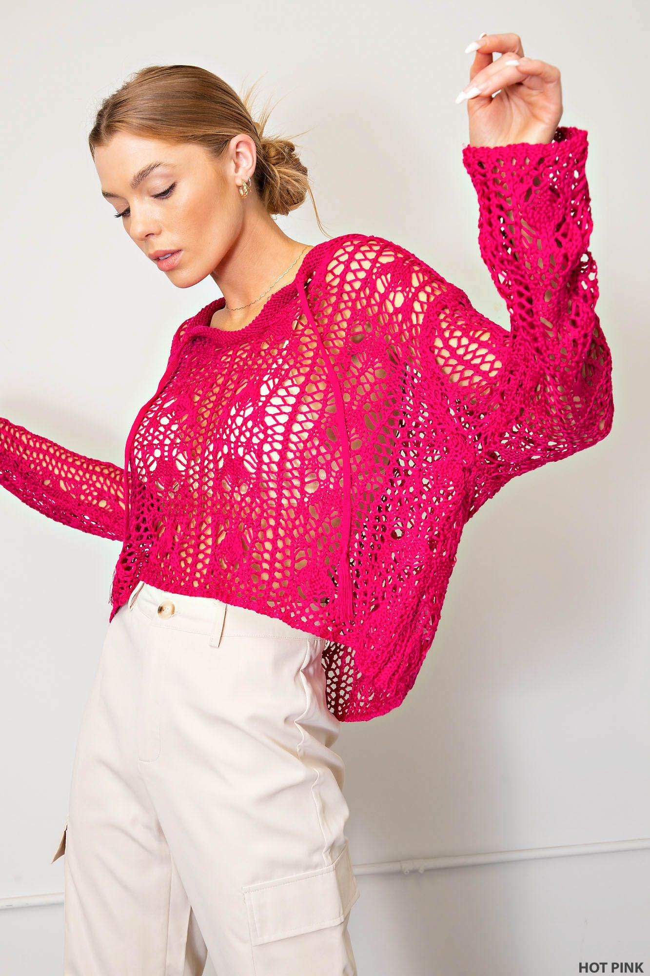 SOFT LOOSE POLY CROCHET THREAD BOHO STYLE SWEATER in HOT PINK
