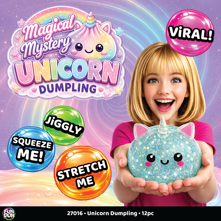 A smiling young girl holds a glittery pastel blue unicorn-shaped dumpling toy. The scene is highly promotional with large text reading 'Magical Mystery Unicorn Dumpling,' 'Viral!', and feature callouts 'Jiggly,' 'Squeeze Me!', and 'Stretch Me.