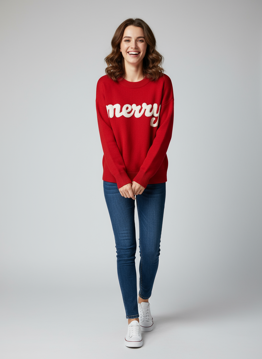 Merry Holiday Christmas Sweater Top Red