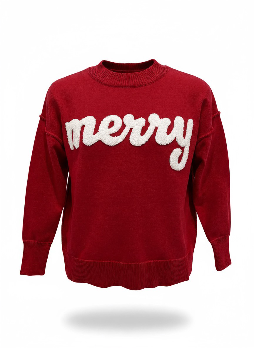 Merry Holiday Christmas Sweater Top Red