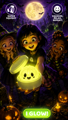 Child holding a glowing Halloween-themed toy with pumpkins and a full moon in the background.