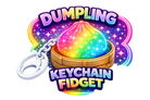 A colorful keychain fidget featuring a rainbow-colored dumpling in a wooden steamer, with a silver keychain ring, on a white background with decorative text reading 'DUMPLING KEYCHAIN FIDGET'.