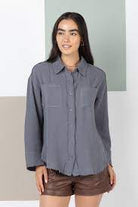 Frayed hem detail solid woven shirt top-How Cute is That? Boutique