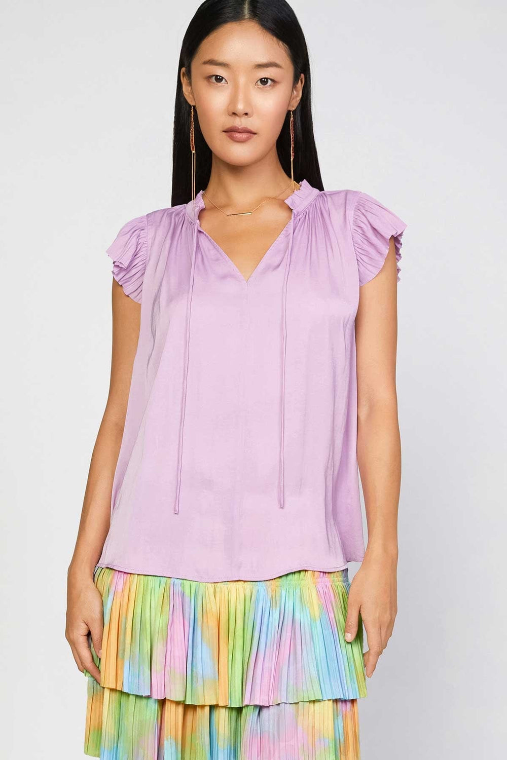 Pleated Short Sleeve Ruffle Top in Lilac