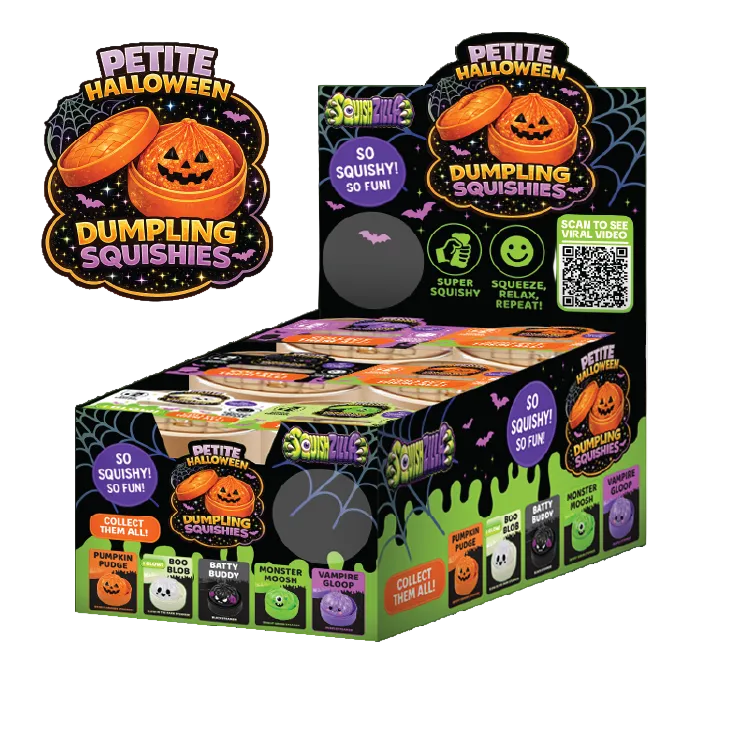 Box of Petite Halloween Dumpling Squishies with Halloween-themed packaging.