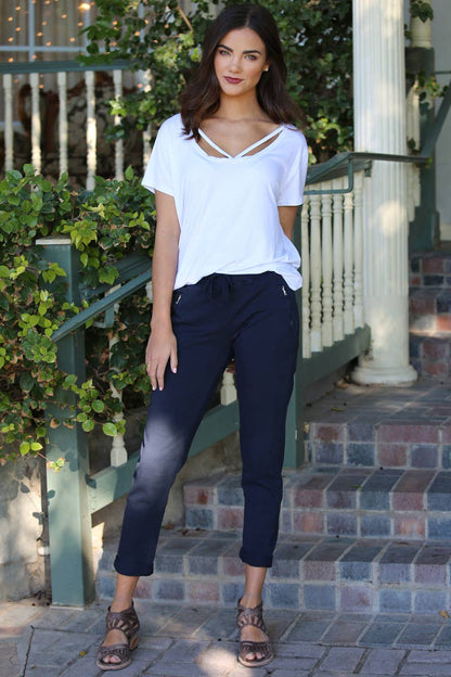 PULL ON TIE FRONT ZIPPER POCKET FRENCH TERRY JOGGER