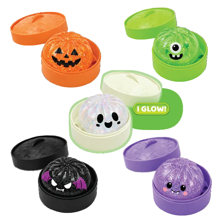 Spooky Steamer squishies — soft, squeezable dumpling toys that may glow in the dark, great for Halloween-themed sensory play