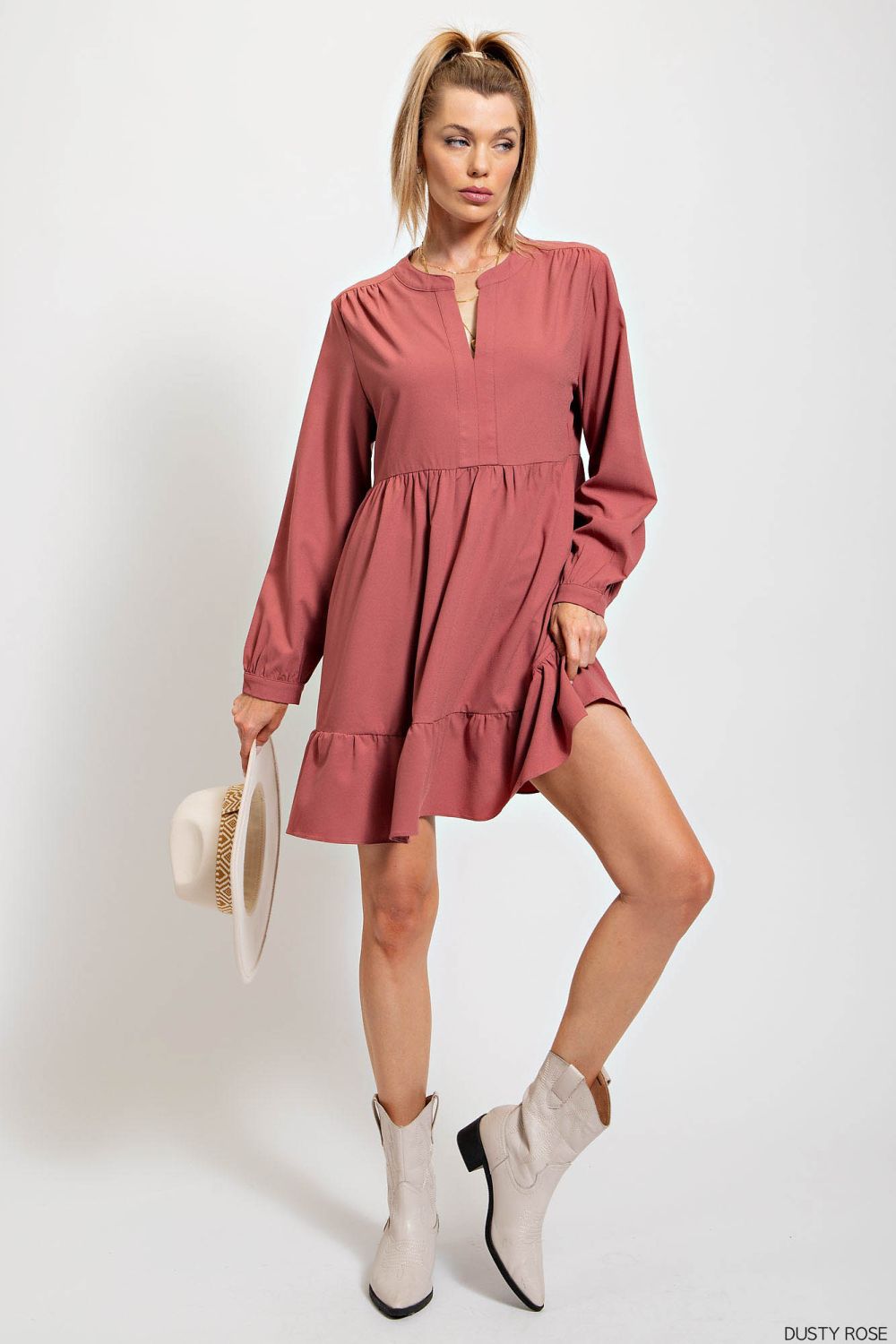 LOOSE FIT RUFFLED DRESS in DUSTY ROSE