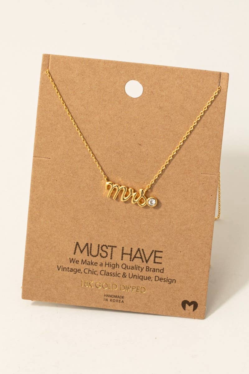 Gold Dipped Mrs Cz Stud Pendant Necklace-How Cute is That? Boutique