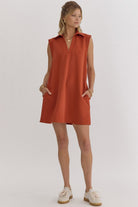 Textured Solid V-neck Collared Sleeveless Mini Dress-How Cute is That? Boutique