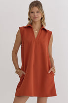 Textured Solid V-neck Collared Sleeveless Mini Dress-How Cute is That? Boutique