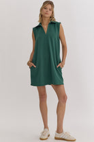Textured Solid V-neck Collared Sleeveless Mini Dress-How Cute is That? Boutique