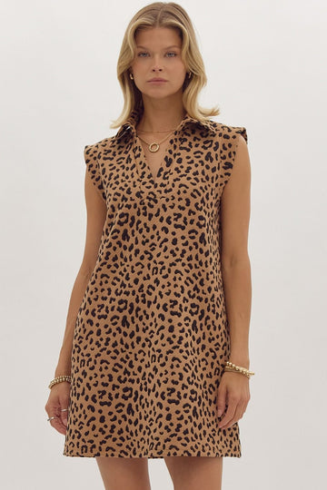 Leopard Print V-neck Sleeveless Collared Mini Dress-How Cute is That? Boutique