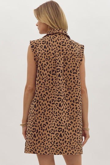Leopard Print V-neck Sleeveless Collared Mini Dress