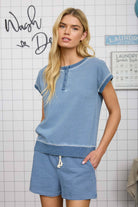 WASHED STRIPE SHORT SLEEVE HENLEY KNIT TOP-How Cute is That? Boutique