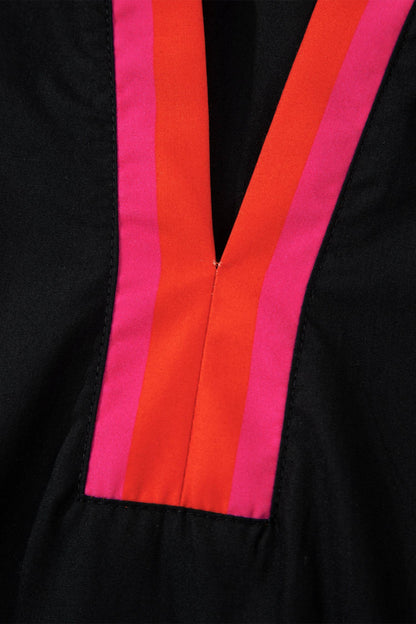 Striped Trim Ruffle Split Neck Blouse