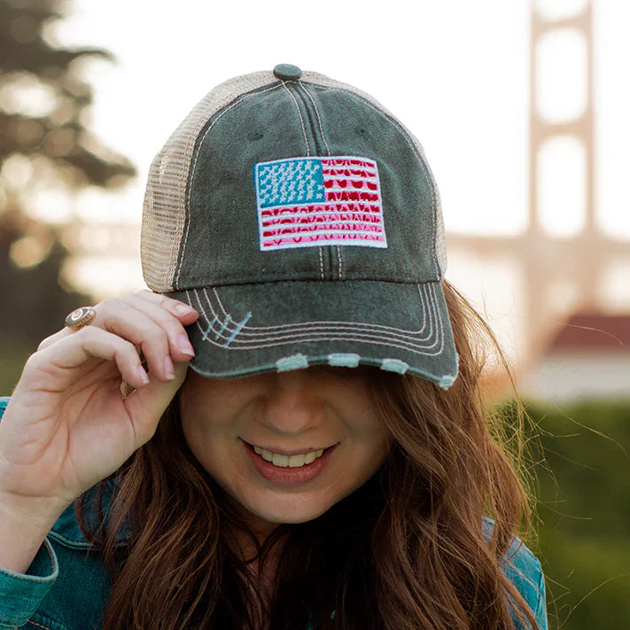 Trucker Embroidered Hat- AMERICA-How Cute is That? Boutique