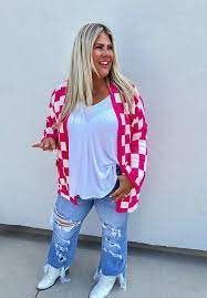 BEVERLY CHECKERED CARDIGAN in HOT PINK
