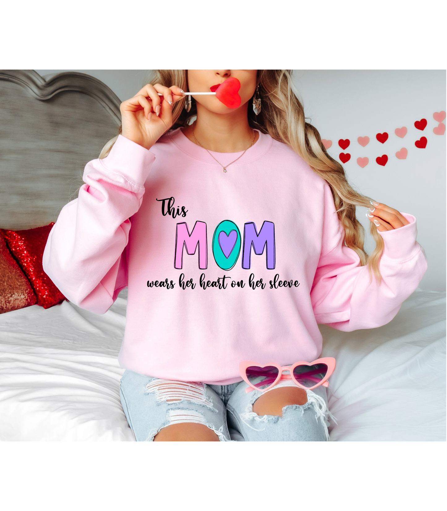 This Mom Wears her Heart on her Sleeve Custom Crewneck Sweatshirt