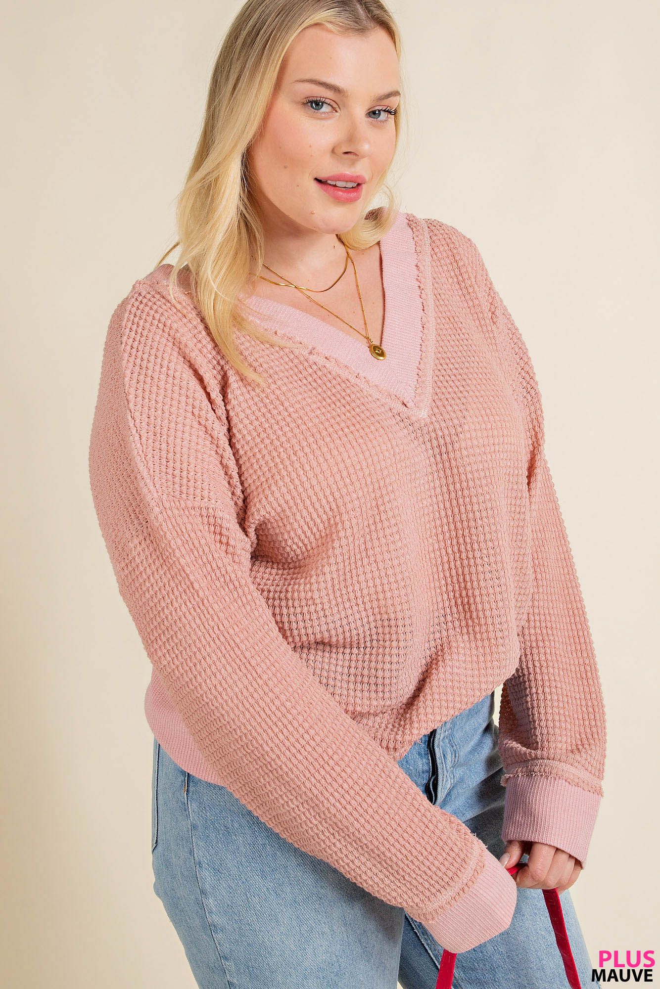 LONG SLEEVE V- NECKLINE WAFFLE TOP- PLUS SIZE