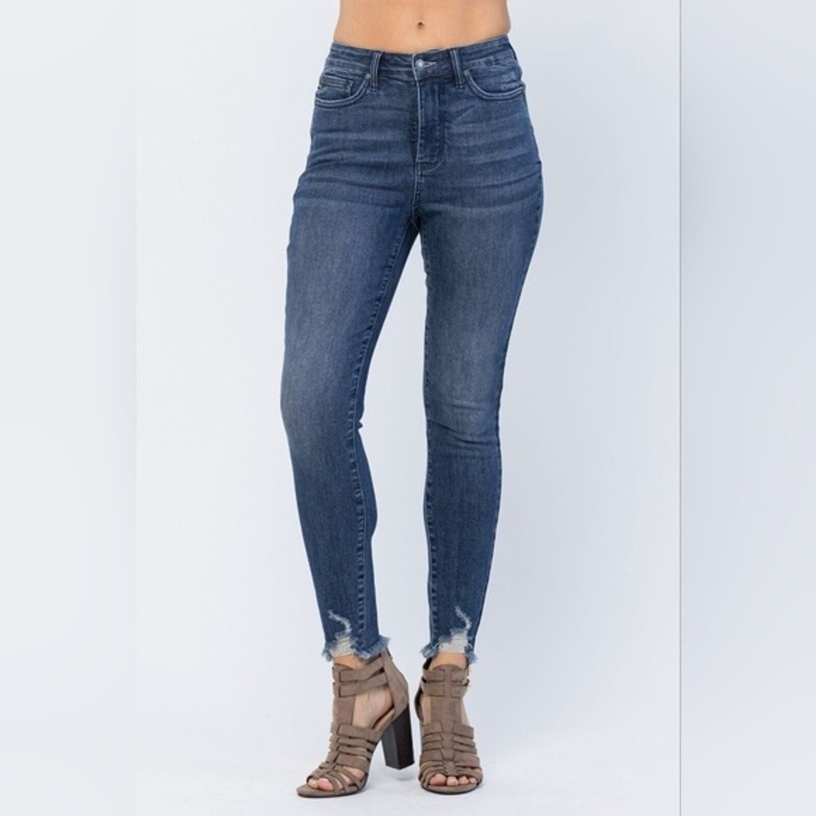 High Rise Tummy Control  Fray Hem Judy Blue Skinny Jeans-How Cute is That? Boutique