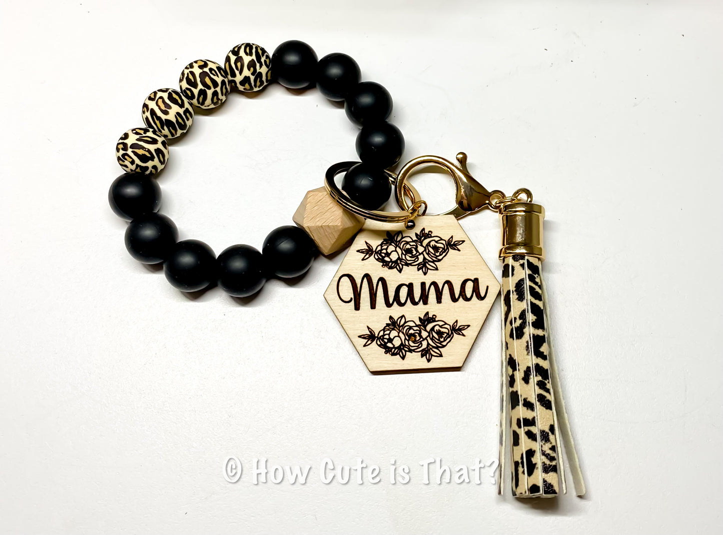 Leopard Print MAMA Silicone Beaded Bracelet Keychain