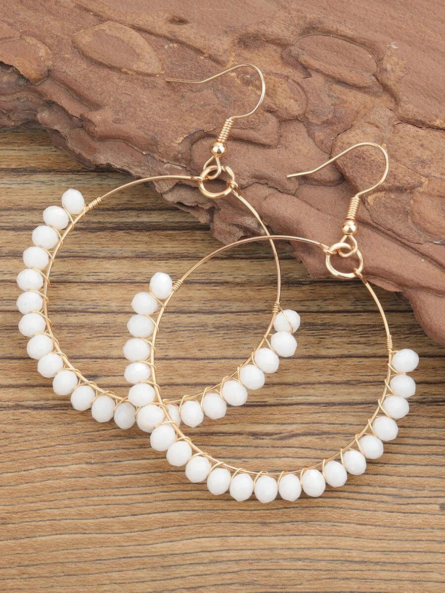 Beaded Round Circle Drop Gold Earrings
