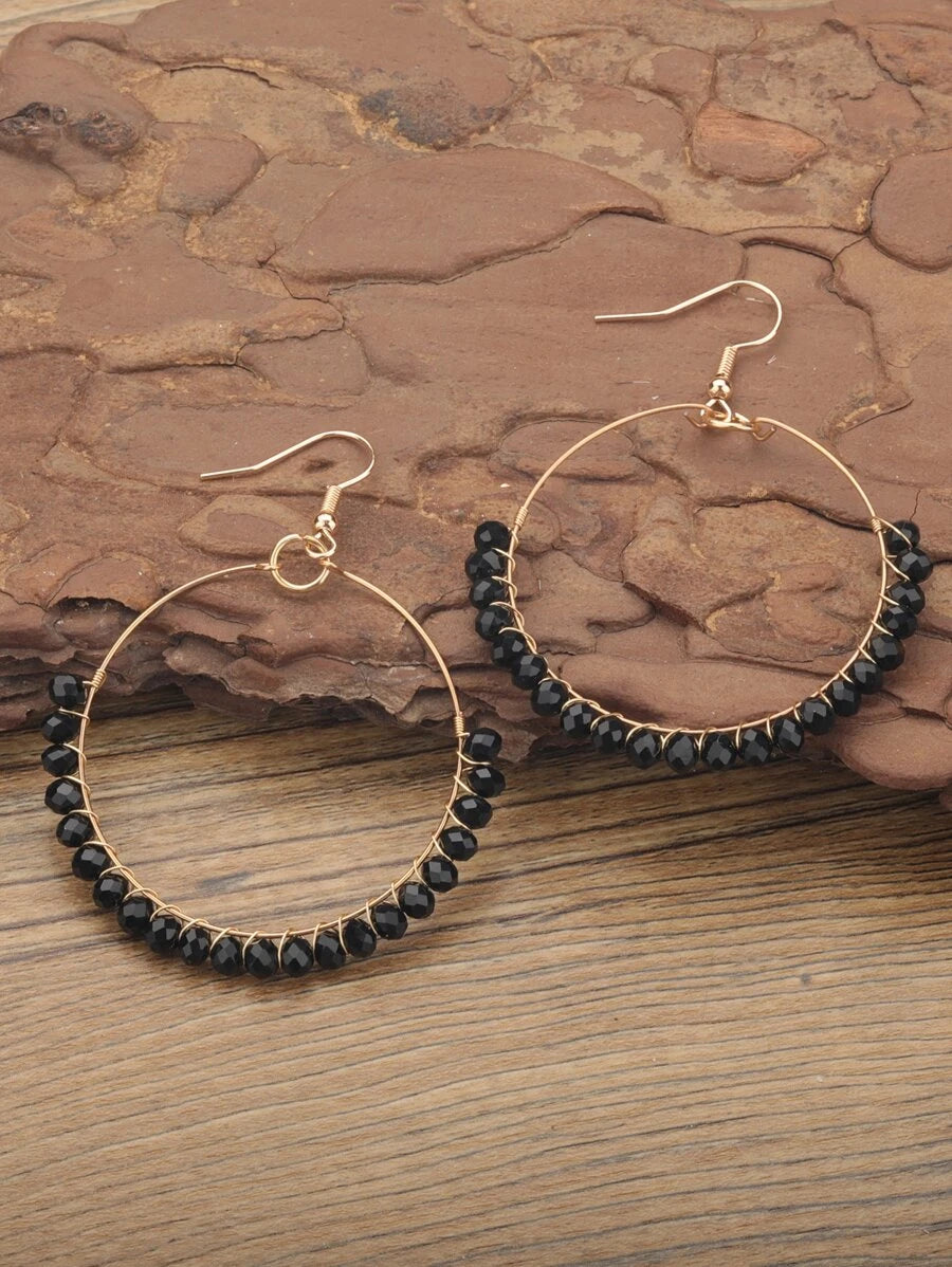 Beaded Round Circle Drop Gold Earrings