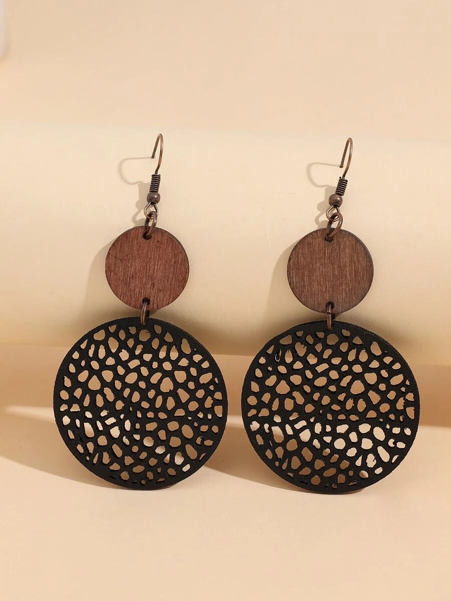 Wood and PU Leather Round Drop Earrings