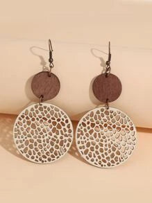 Wood and PU Leather Round Drop Earrings