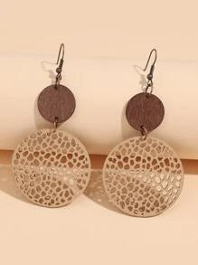 Wood and PU Leather Round Drop Earrings