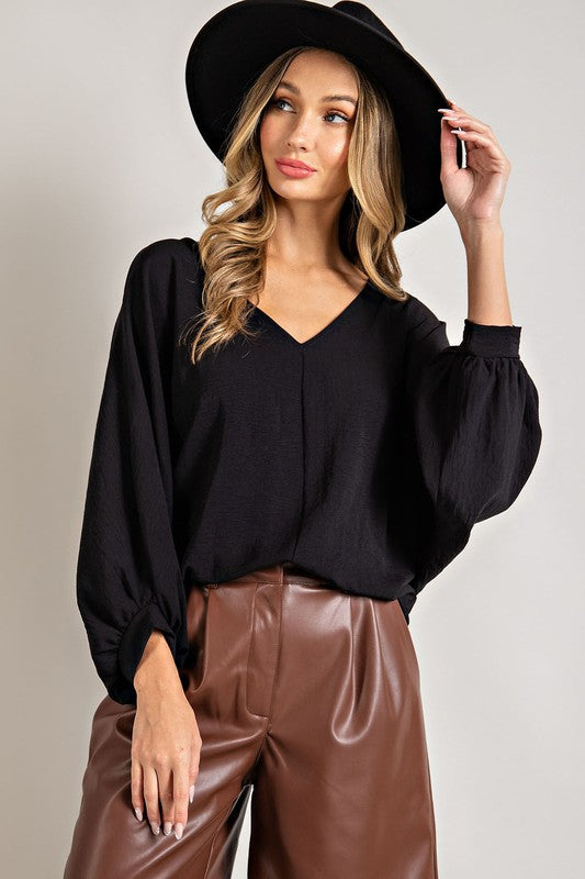 PUFF SLEEVE V-NECK BLOUSE TOP in BLACK
