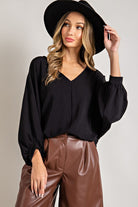 PUFF SLEEVE V-NECK BLOUSE TOP in BLACK-How Cute is That? Boutique