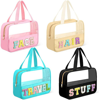 Chenille Letter Nylon HAIR Bag PVC Clear Zipper Pouches