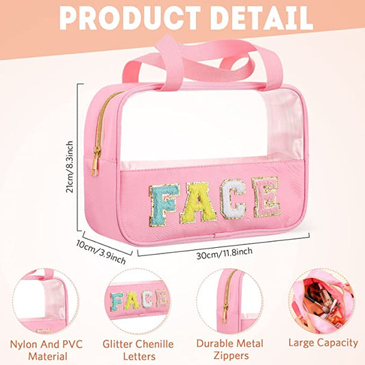 Chenille Letter Nylon FACE Bag PVC Clear Zipper Pouches