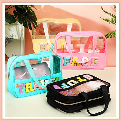 Chenille Letter Nylon HAIR Bag PVC Clear Zipper Pouches