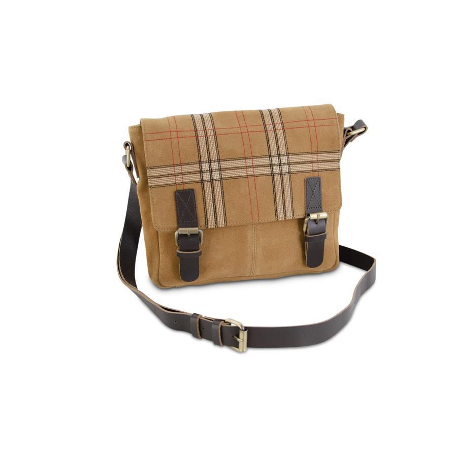 Camel Black Red and White Plaid Suede Crossbody