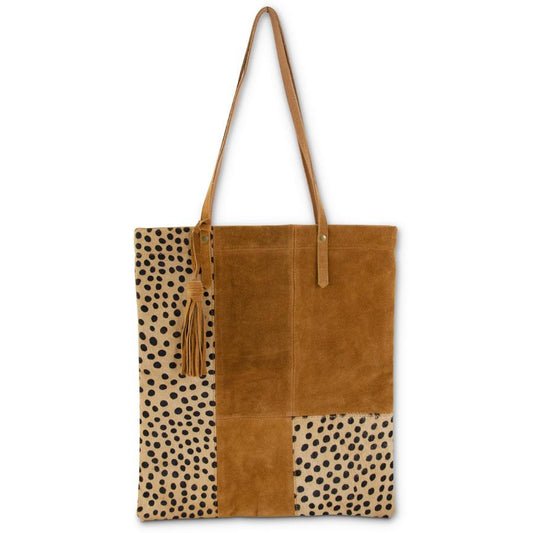 16 Inch Leopard Patch Suede Tote w/Cell Phone Pocket