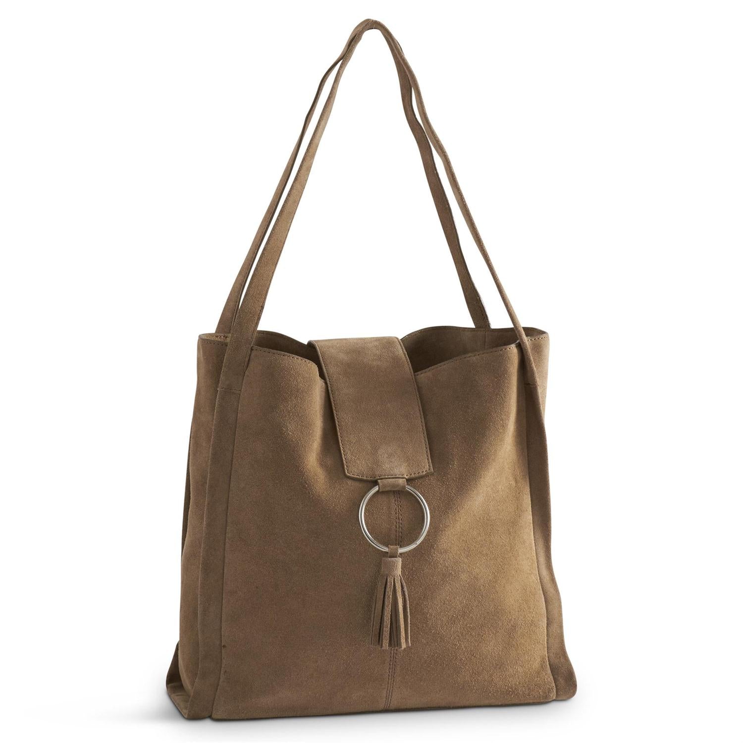 TAUPE SUEDE TOTE W/CIRCLE-How Cute is That? Boutique