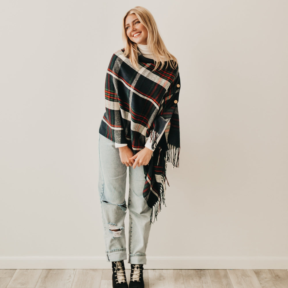 BUTTON PLAID SHAWL SCARF