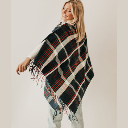 BUTTON PLAID SHAWL SCARF