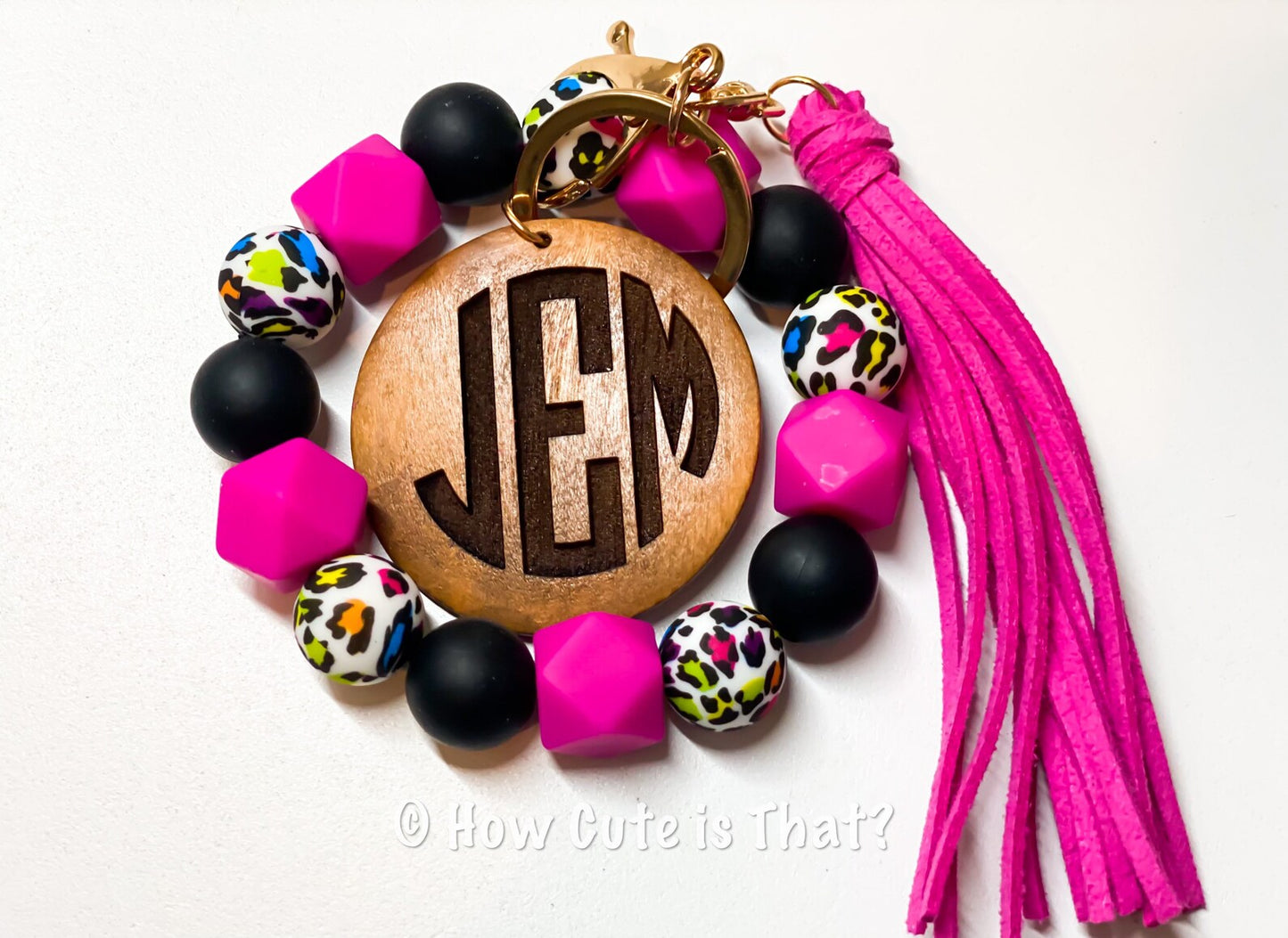 Personalized Silicone Rainbow  Leopard Beaded Bracelet Keychain