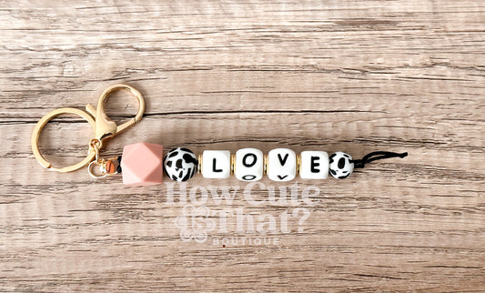 Love Cow Print and Blush Silicone Beaded Keychain
