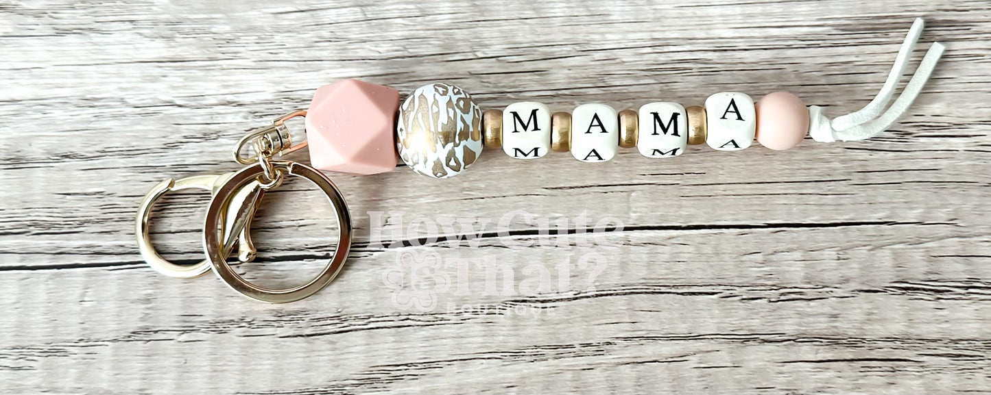 Mama Gold Leopard and Blush Beaded Keychain
