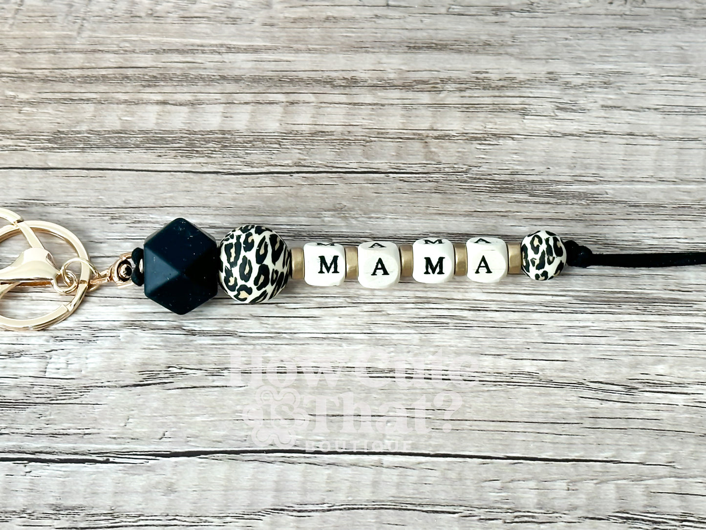 Mama Leopard and Black Beaded Keychain