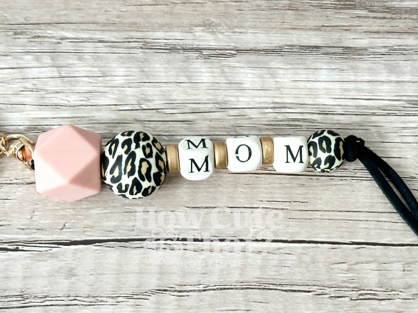 Mom Leopard and Blush Bead Keychain