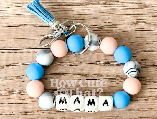 Blue, Light Pink, and Marble MAMA Silicone Bead Keychain