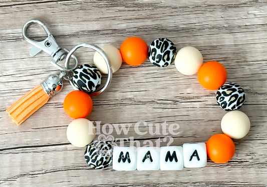 Mama Orange, Ivory, and Leopard Print Silicone Bead Keychain